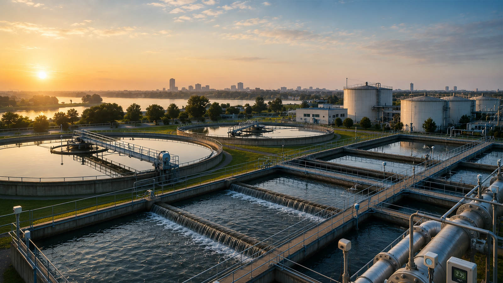 Aerial view of a water treatment facility with circular settling tanks, filtration channels, and monitoring systems at sunrise