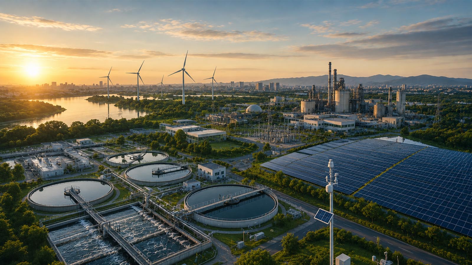 Aerial view of an integrated infrastructure facility combining water treatment, solar panels, wind turbines, and industrial systems at sunset