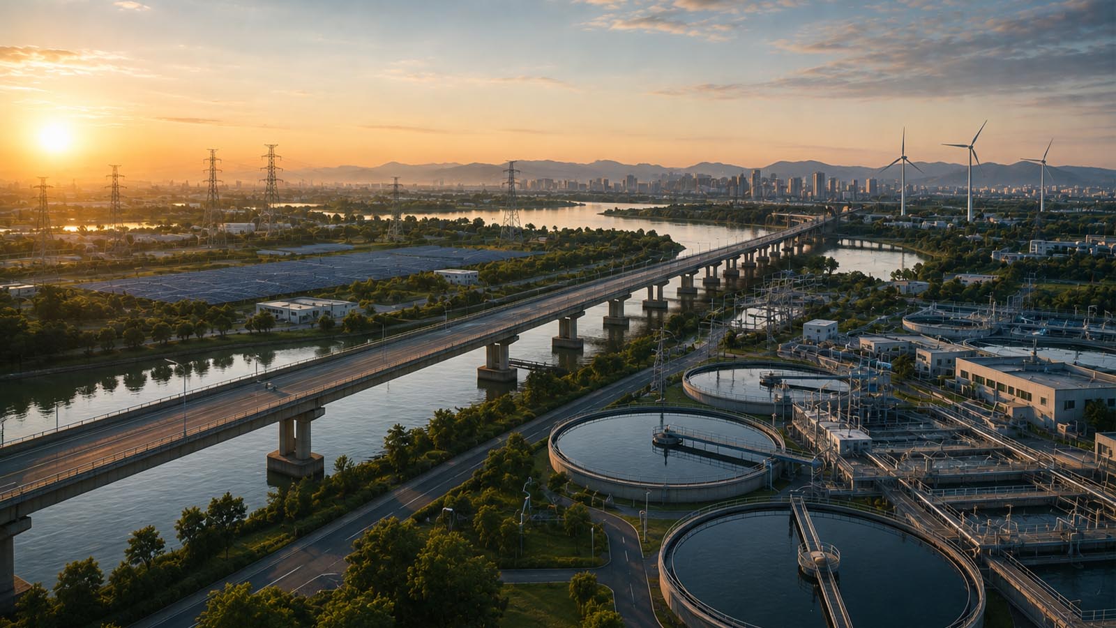 Aerial view of an integrated infrastructure landscape featuring water treatment facilities, solar panels, power transmission lines, wind turbines, a river bridge, and a city skyline at sunset