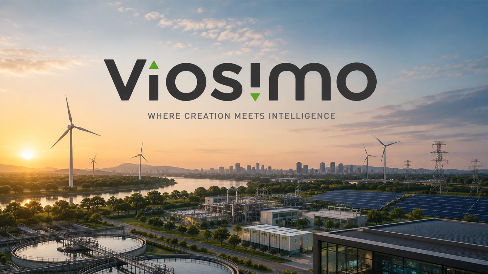 Viosimo logo and tagline overlaid on an aerial view of an integrated infrastructure landscape featuring wind turbines, solar panels, water treatment facilities, and industrial systems at sunset